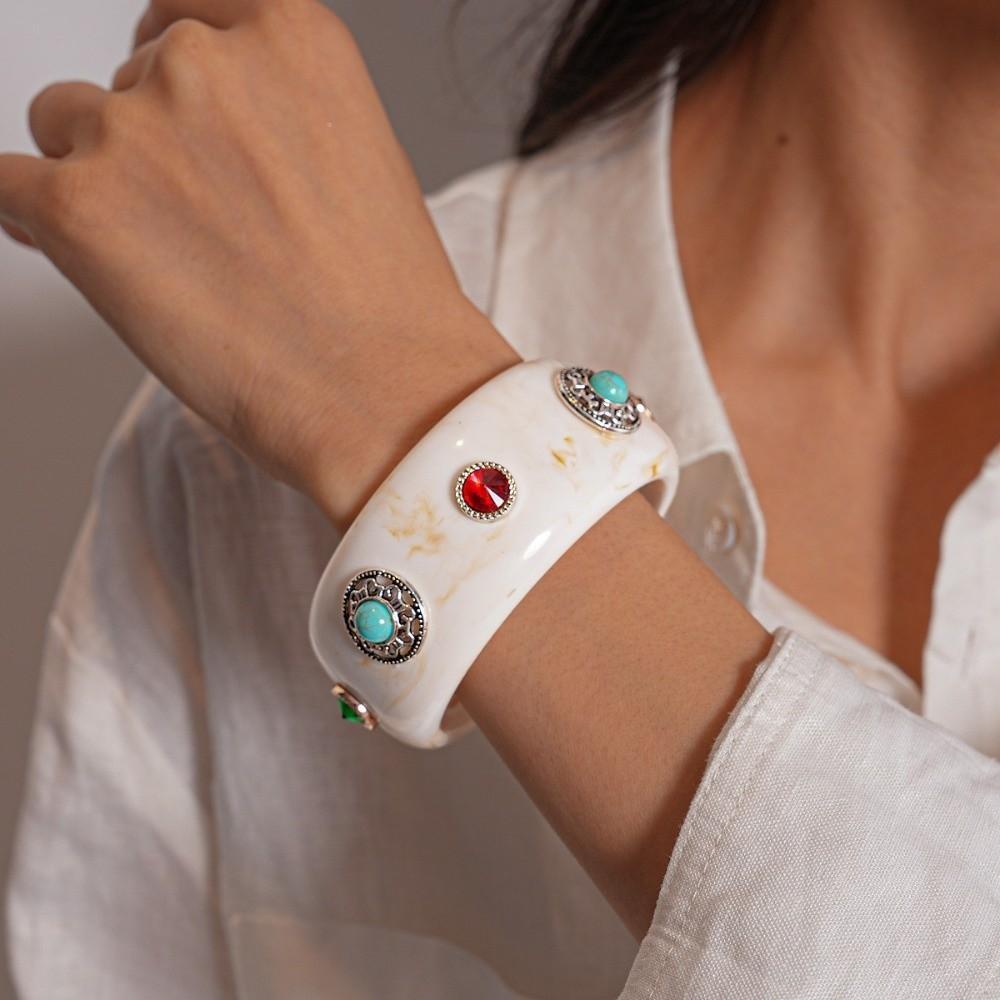Turquoise Turquoise Acrylic Bracelet Wide Retro Hand Ring Acrylic Rhinestone Bangle Decoration