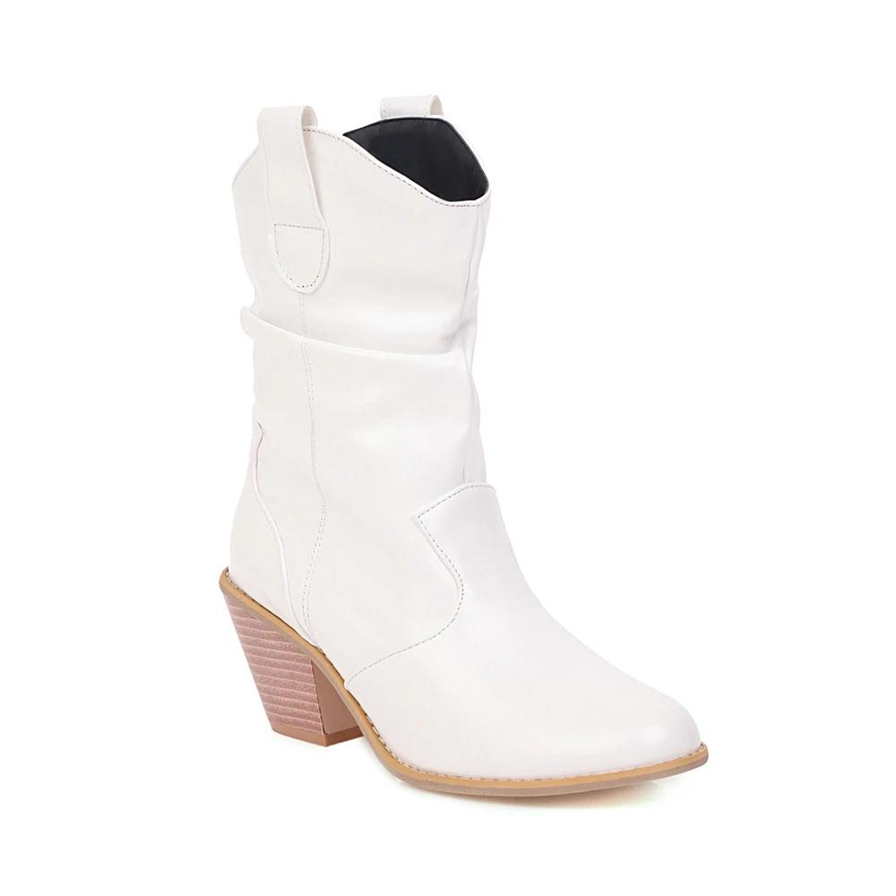 Fashion 2025 Motorcycle Western Cowgirl Boots Faux Leather Cowboy Ankle botas Women Wedge High Heel Boots chunky botas mujer size 34-43