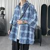 2025 Summer Men Korean Striped Plaid Print Shirts Men Fashion Harajuku Casual Oversized Shirt Men Streetwear Clothing