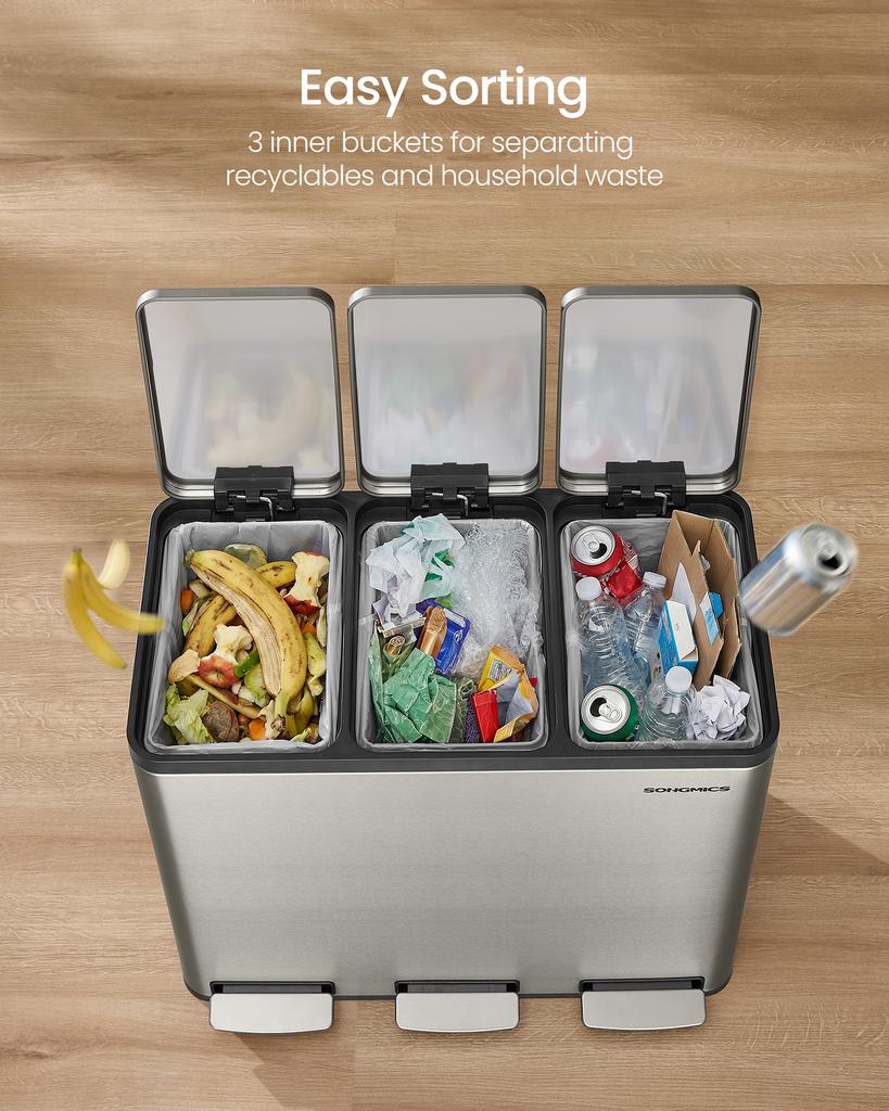 SONGMICS 3 x 4.8 Gallon (3 x 18 L) Kitchen Bin, 2-Compartment Recycling Bin with 15 Rubbish Bags, Removable Inner Buckets, Lid, Handles, Soft Close