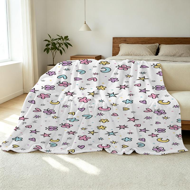 Flannel Fleece Blanket - High Density Soft Plush, Vibrant Butterfly Star Moon Pattern, Warm Cozy, Ideal for Home Decor, Halloween & Christmas