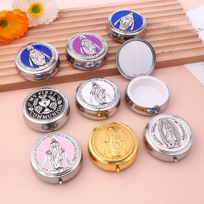 Retro Metal Holy Communion Saint Benedict Rosary Gift Boxes Round Religious Jewelry Packing Case