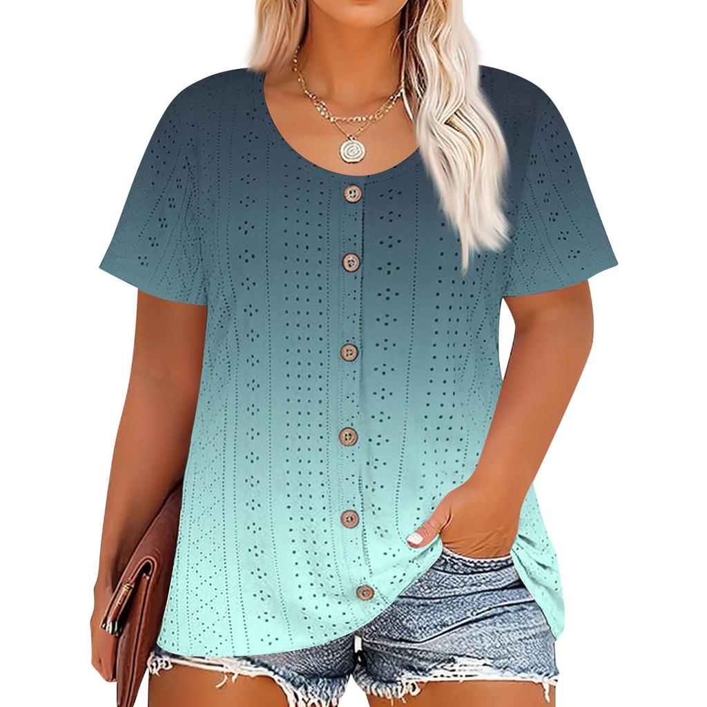 Plus Size Women's Fashion Casual Vintage Printed O-Neck Short Sleeve Button T-Shirt Top