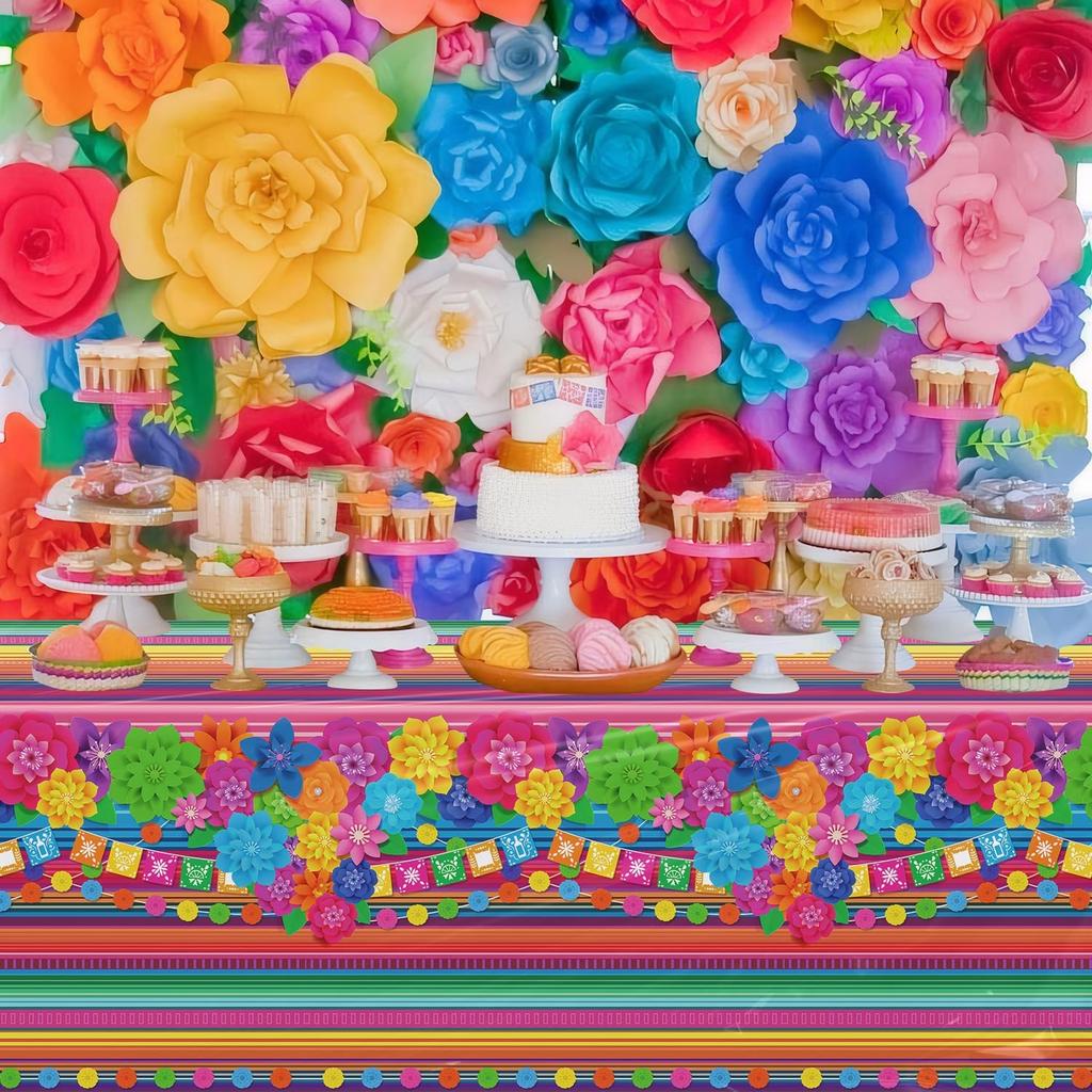 4 Pcs Mexican Fiesta Tablecloth Cinco De Mayo Plastic Table Cover Mexico Colorful Striped Paper Flower Table Cloth Mexican Holiday Theme Rectangle