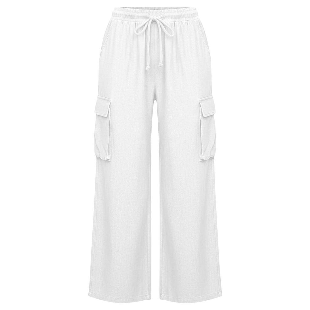 Damen Elastische Hose mit Hohem Bund Lässige Passform Weites Bein Lange Hose Hose mit Taschen