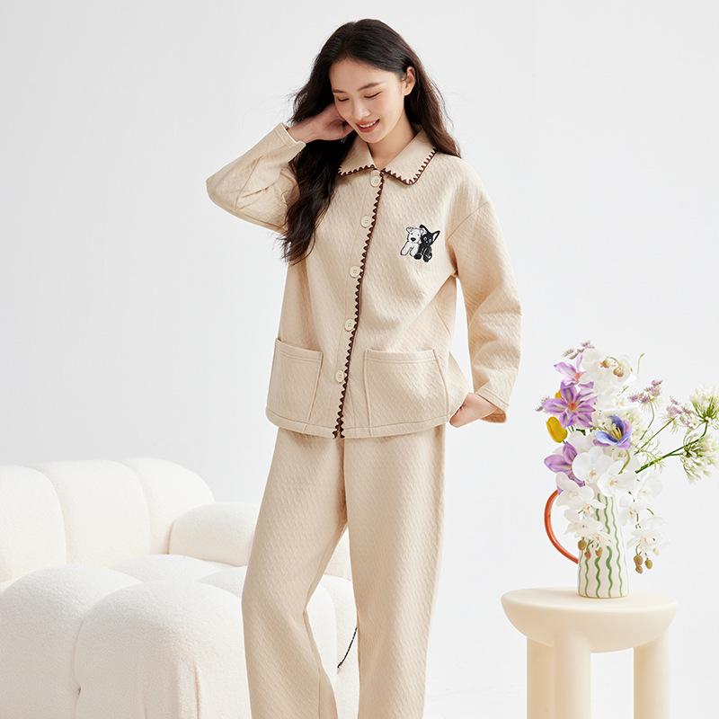 

Хлопковая пижама класса А с теплой вышивкой щенка, женский комплект для дома с длинным рукавом для осени и зимы XL (Women 130-160 lbs)