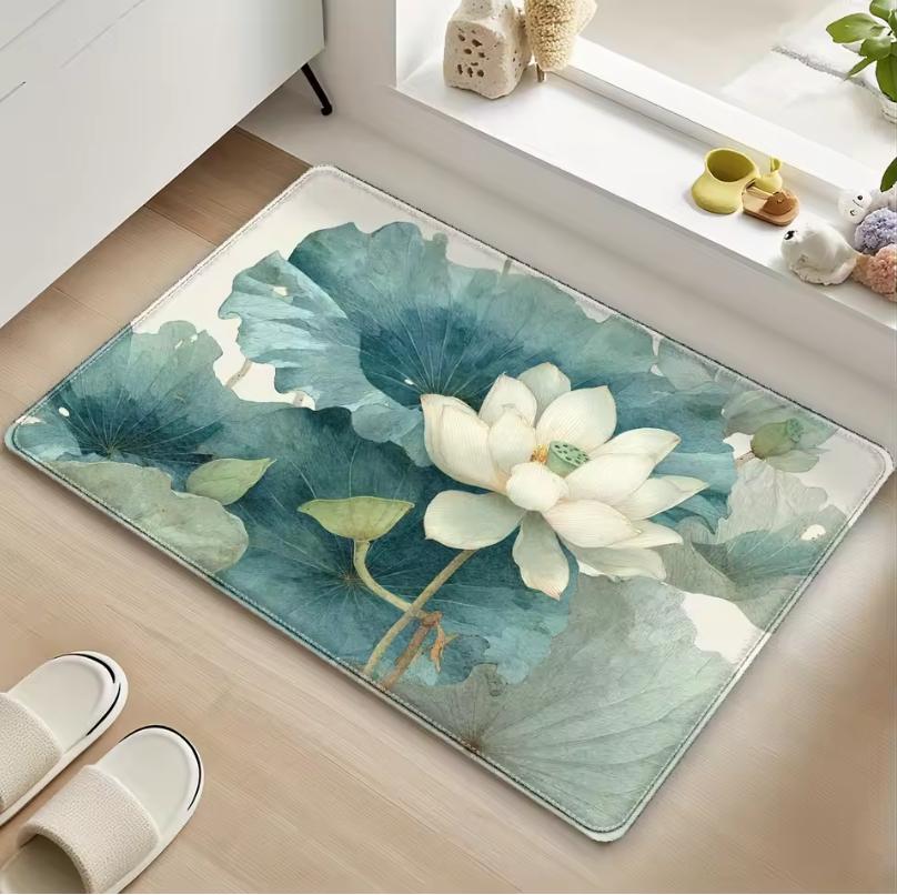 

Artistic Lotus Theme Mat for Aesthetic Home Indoor Entryway Bathroom Living Room Non-Slip Absorbent Durable Easy Clean Decor Mat 40cm x 60cm
