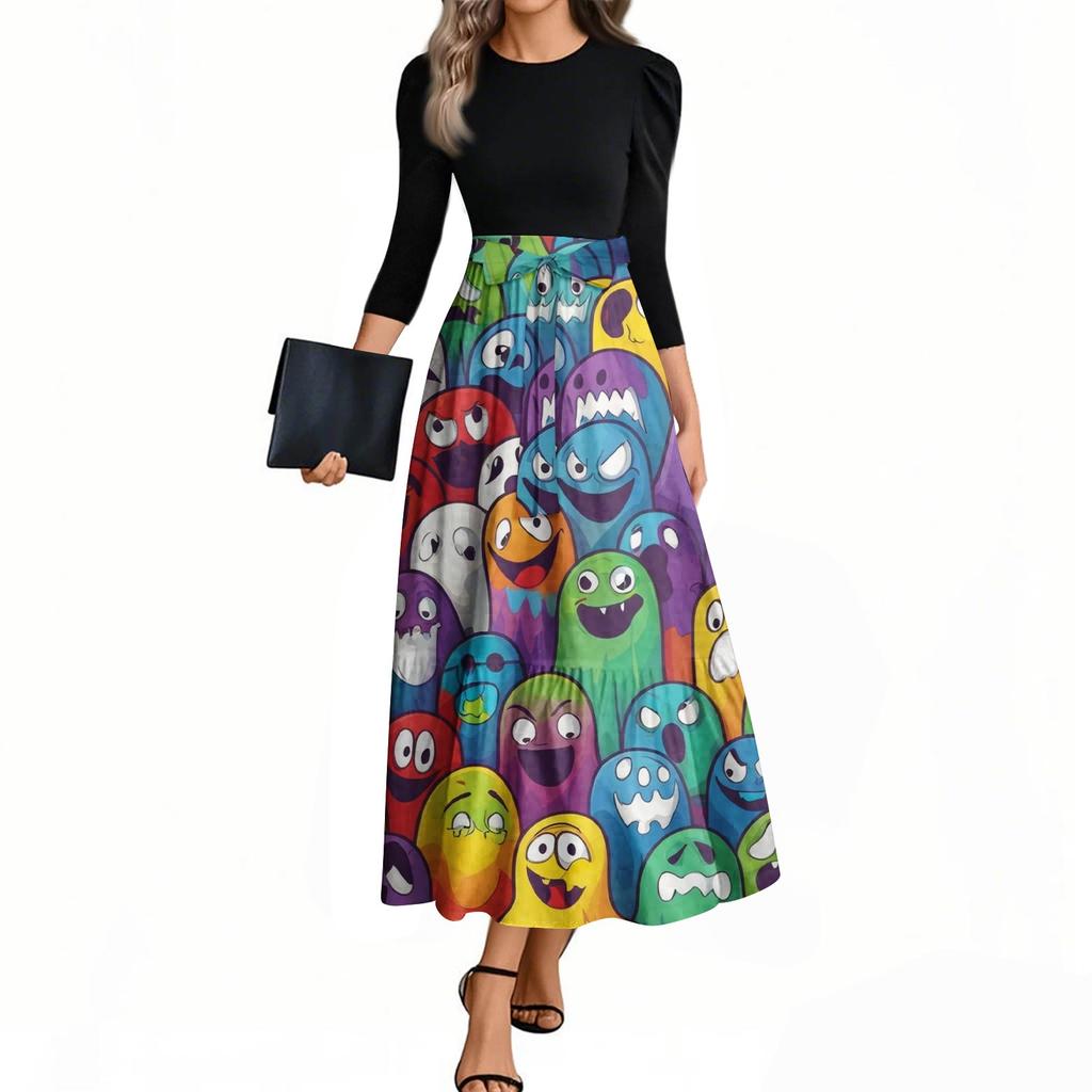 Damska Moda Casual Sukienki z Rękawem Trzy Czwarte, Okrągłym Dekoltem, z Paskiem, Eleganckie, z Temperamentem, z Nadrukiem Halloween