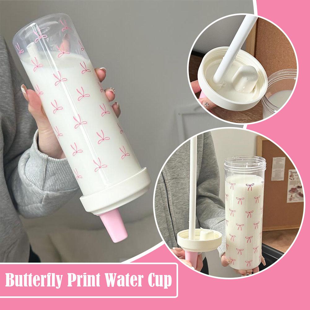 500/700ML Pink Bow Straw Water Bottle With Lid Cute Coffee Bubble Milk Tea Plastic Cup For Outdoor School Drinking Water Bottles