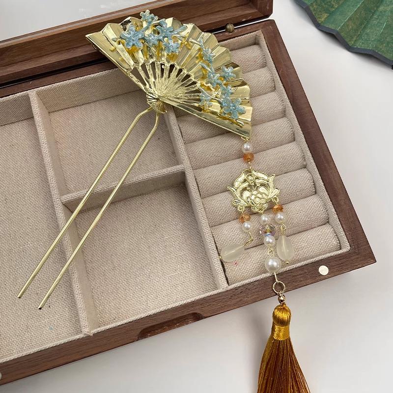 2024 Chinese Style Metal Fan Tassel U-Shape Hairpin for Women - Hair Stick Accessories for Qipao & Ma Mian Skirts