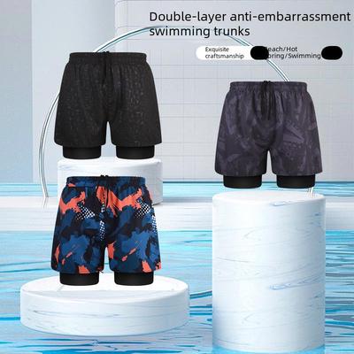 Men's Quick-Dry Anti-Embarrassment Double-Layer Swim Trunks - Large-Size Professional Boxer Swimsuit for Hot Springs
