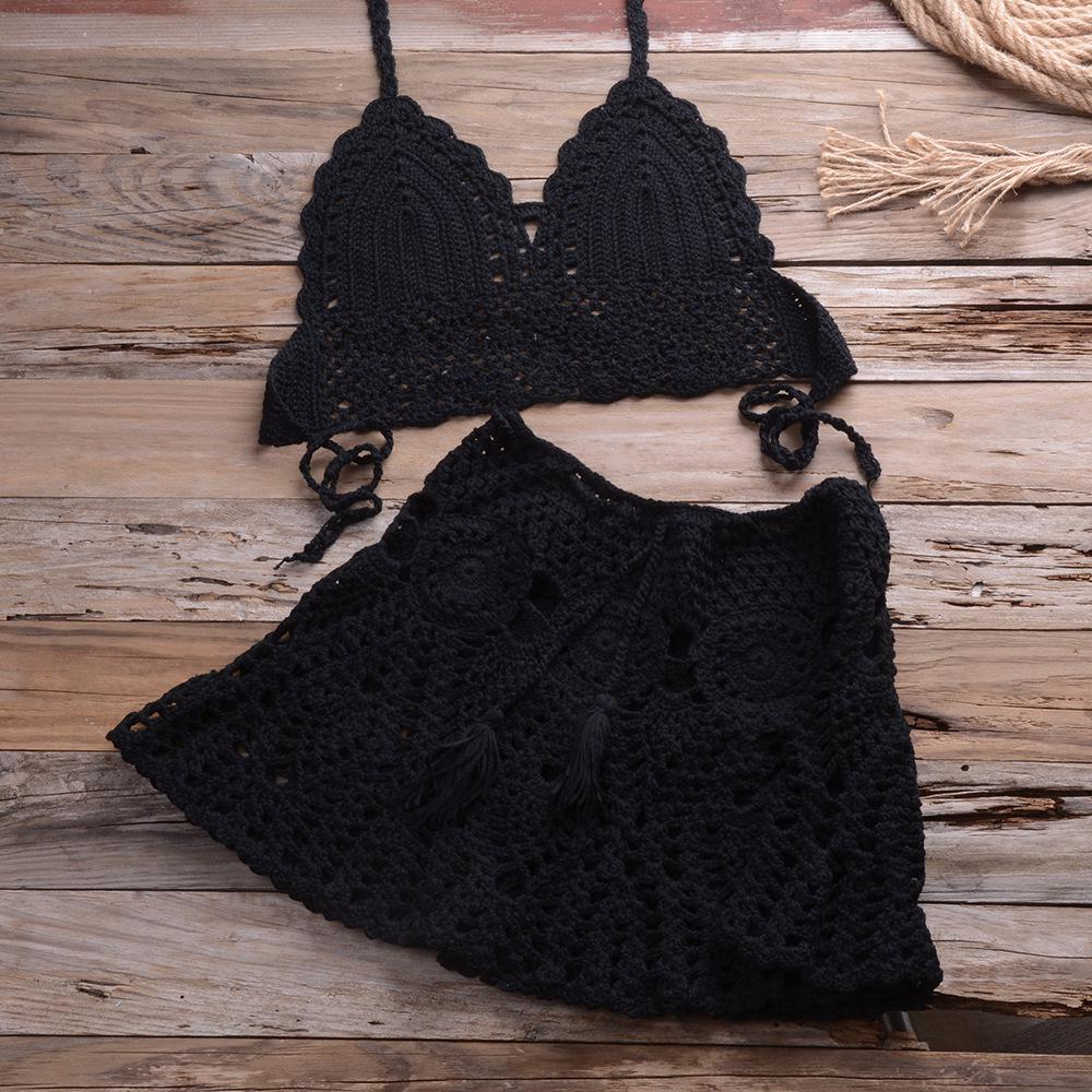 2025 Trendy European & American Hand-Crocheted Bikini Bandeau with Versatile Pleated Skirt Swimsuit