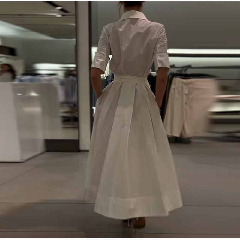 LYRIA Casual Striped Women Dress Lapel Single Breasted Short Sleeve Slim Waist Long Dresses New Lady Fashion Vacation Robe