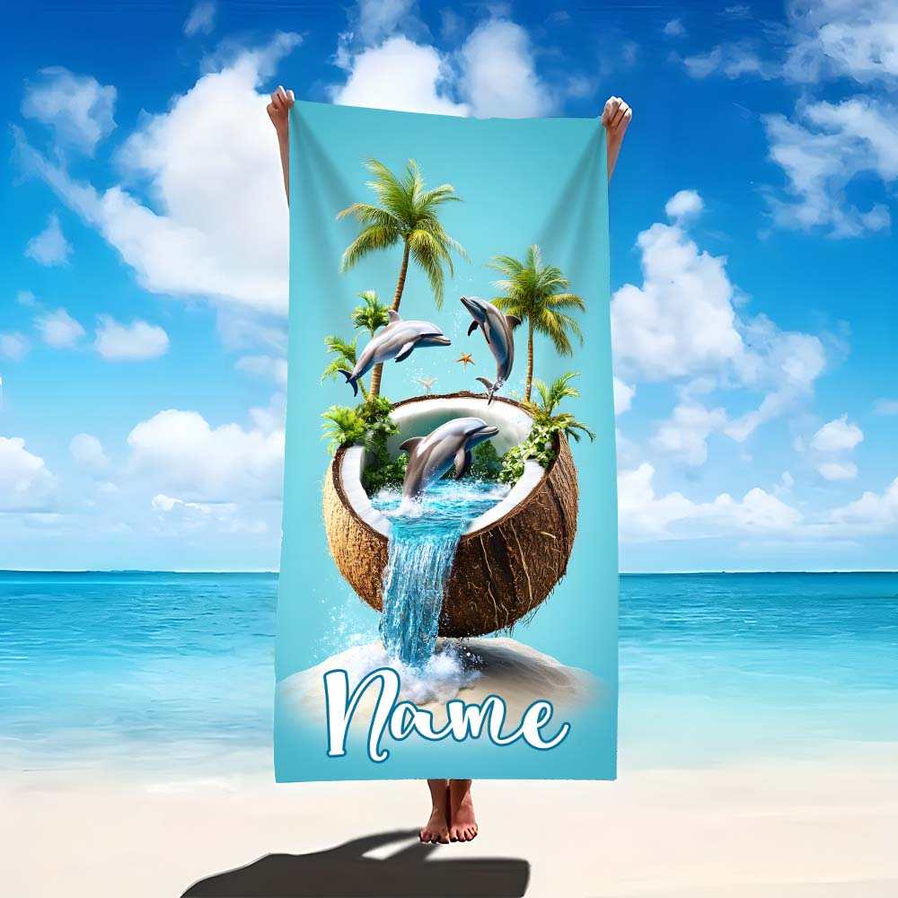 1pc Personalized Dolph Coconut Palm Beach Towel, Custom Name Summer Vacation Beach Towel for Pool, Beach, Bath 70x140cm&1pc