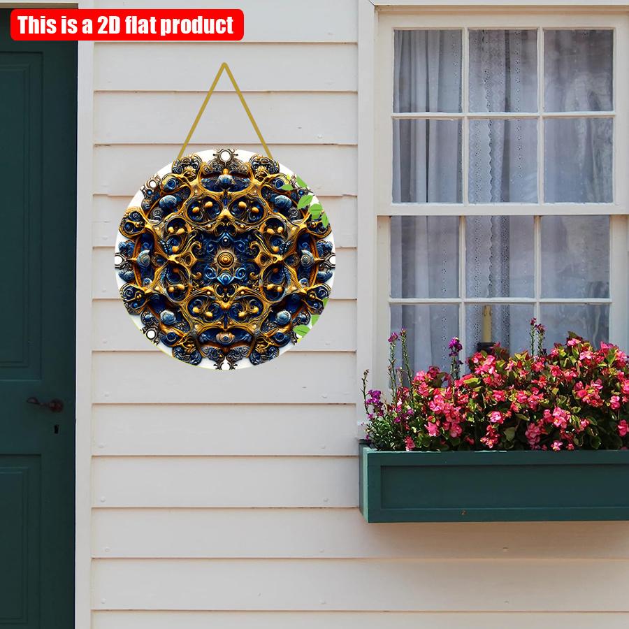 2D Flat 20*20cm 1pc Retro Bright Blue Mandala Patterns Door Signage, Elaborate Round Wall Art Plaque with Gold and Blue Pattern for Bars, Cafes,