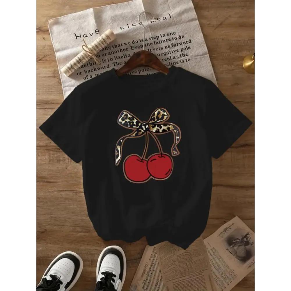 Oversized Graphic TShirt for Ladies Casual Short Sleeve with Leopard Cherry Bowknot Print