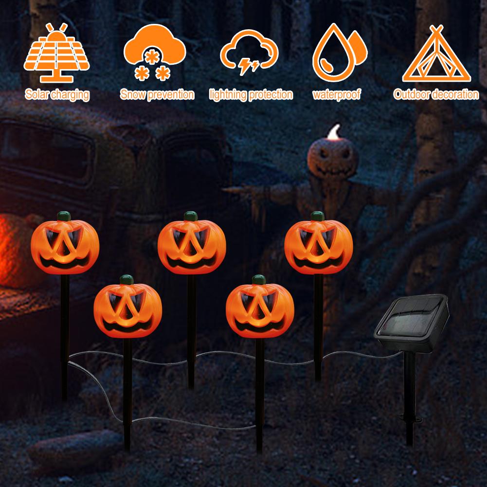 5 Pack Solar Halloween Pumpkin Stake Lights Waterproof Halloween Skull Pathway Lights for Garden Yard Lawn Decor