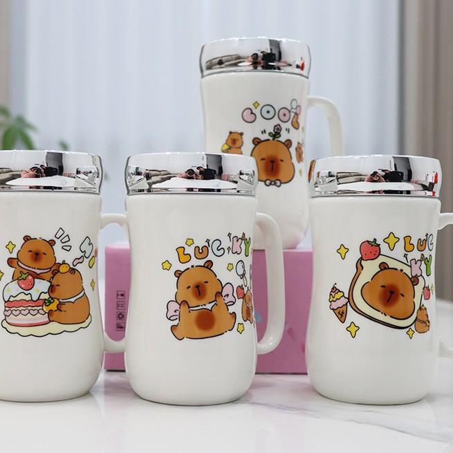 Cute Cartoon Ceramic Mirror Insulation Milk Water Cup Creative Coffee Couple Plus Formulation With Lid