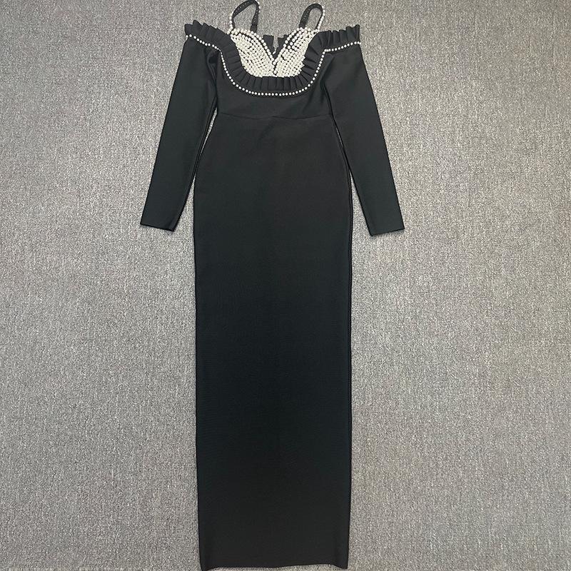 

Elegant Black Spaghetti Strap Ruched Pearl Bodycon Cocktail Dress S чорний