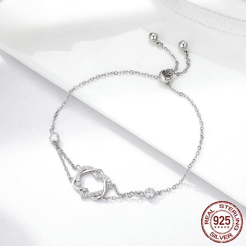 Koreanischer Stil, mit Diamanten besetztes, exquisites, dünnes Armband aus S925-Sterlingsilber, doppeltes Herz umwickelt, Damen-Temperament, Valentinstagsgeschenk
