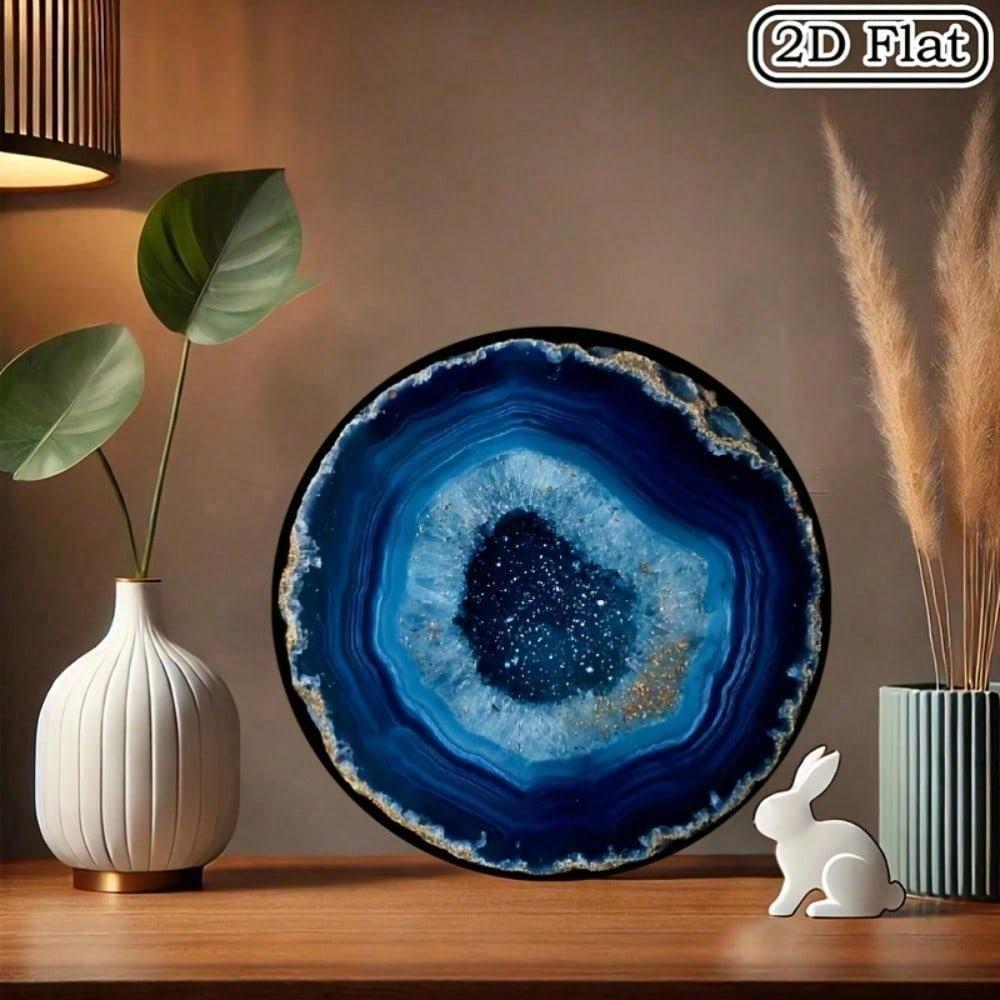 Arte de Parede Redonda em Metal com Ágata Azul Boho 8x8 Polegadas Placa de Alumínio Resistente às Intempéries Detalhes Dourados Decoração Vintage para Casa Boho