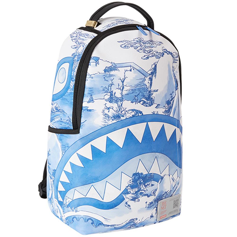 Sprayground X Metropolitan Museum Of Art Collaboration Shark Logo Blue And White Oil Painting Backpack Unisex Backpack Light-Blue W1045739
