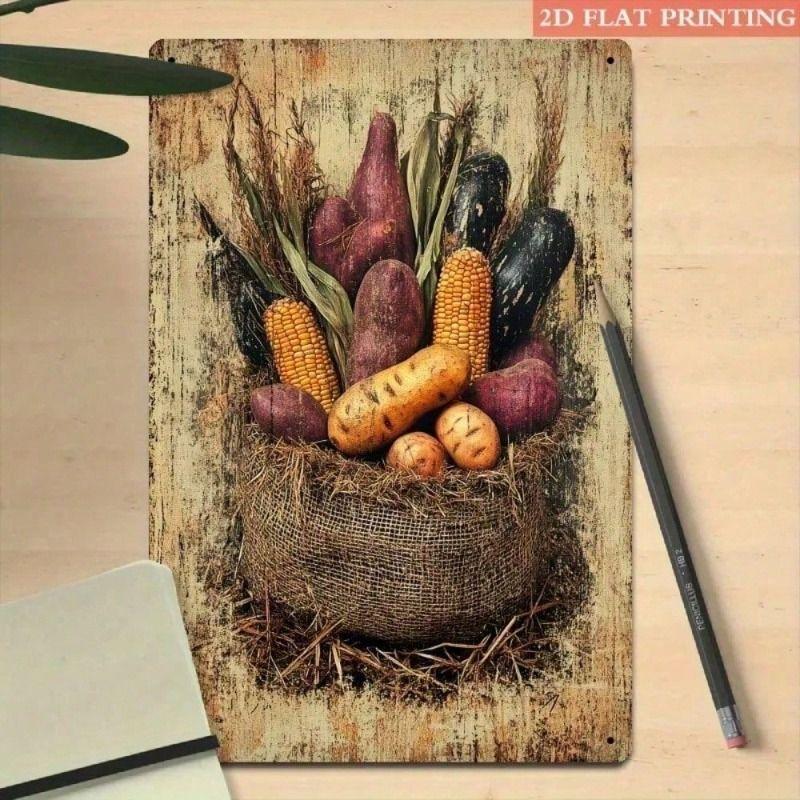 Vintage Tin Sign, Vegetable Farmhouse Decor, Metal Wall Art for Kitchen