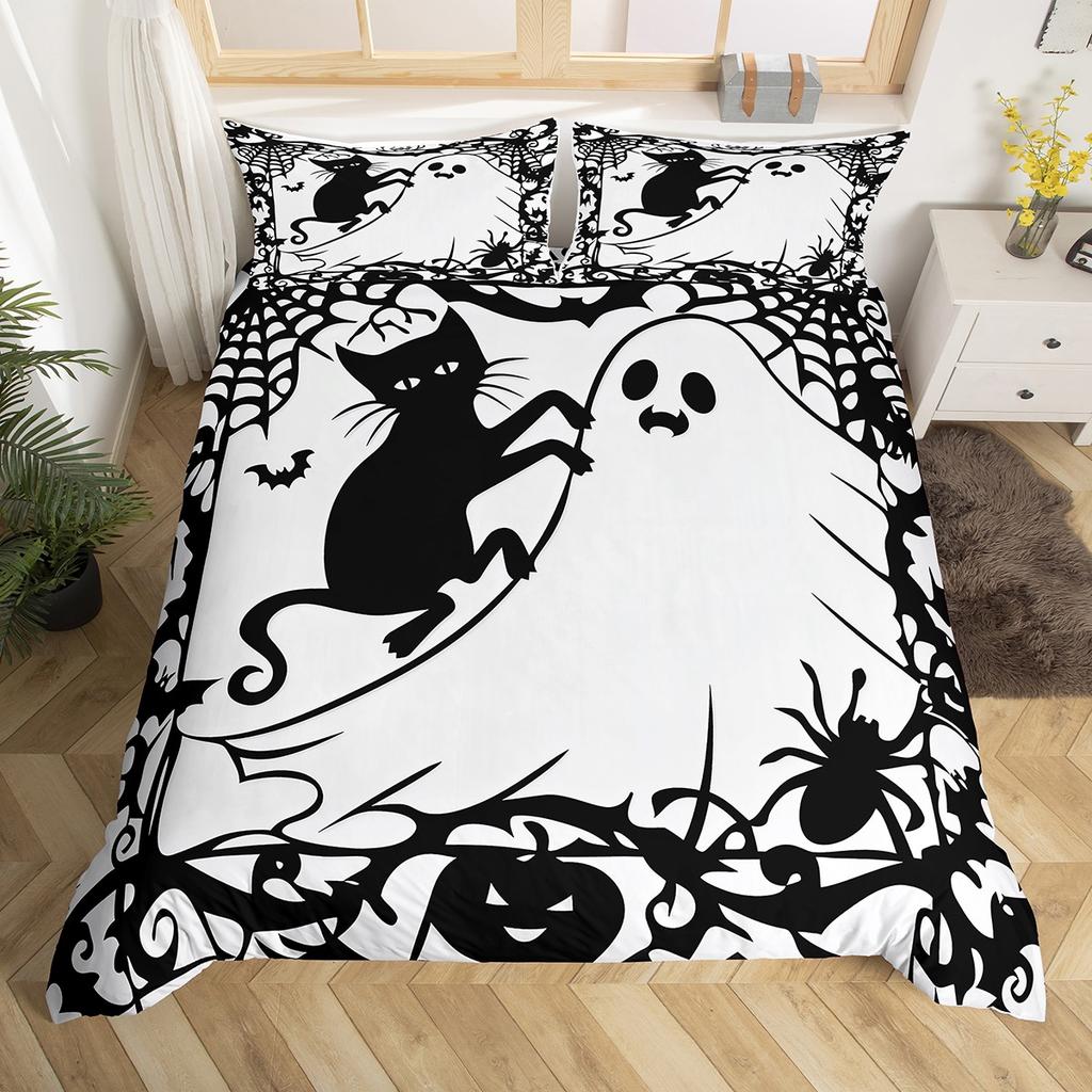 Homewish Funny Halloween Ghost Duvet Cover Set,Gothic Spider Web Bedding Set,Teens Boys Girls Kids Bed Set