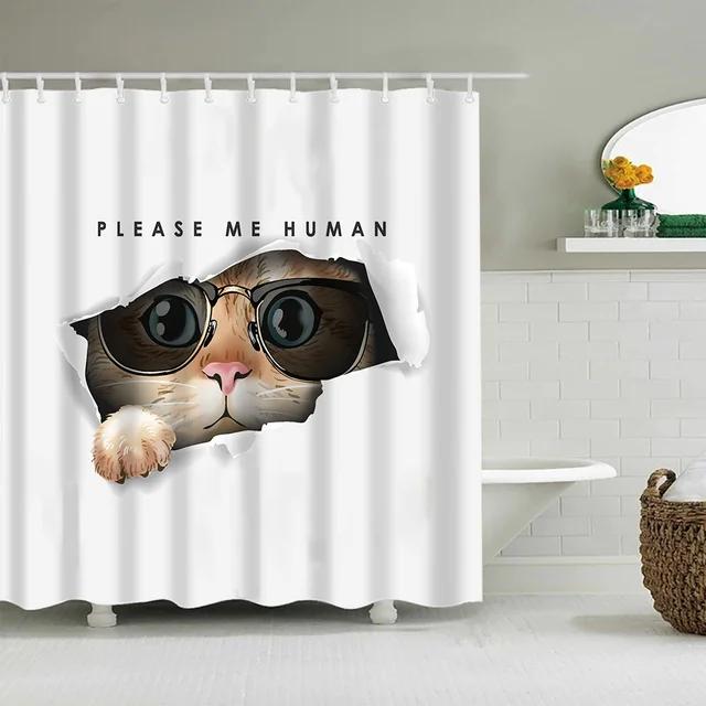 

Cartoon Cute Kitten Shower Curtains Washable Fabric Polyester For Bathtub Art Bathroom Decor Partition With Hooks Waterproof W60H190(CM)-1 Pcs