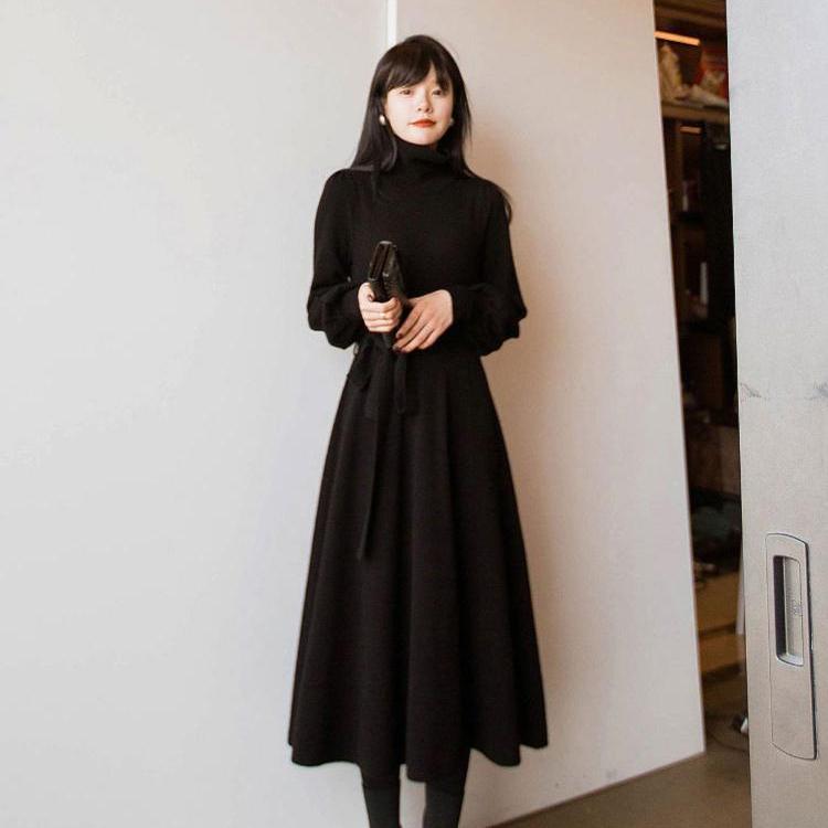 Pletené dlouhé šaty s polovičním rolákem pro podzimní a zimní dámské nošení, svetrové šaty ke kolenům, svetrové šaty střední délky se stahováním v pase, svetr