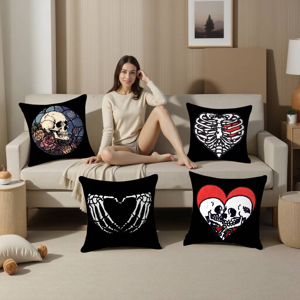 Cool Skull Heart Pillow Case Plush Fabric Soft Double Sided Print Sofa Cushion Cover Throw Pillow Covers