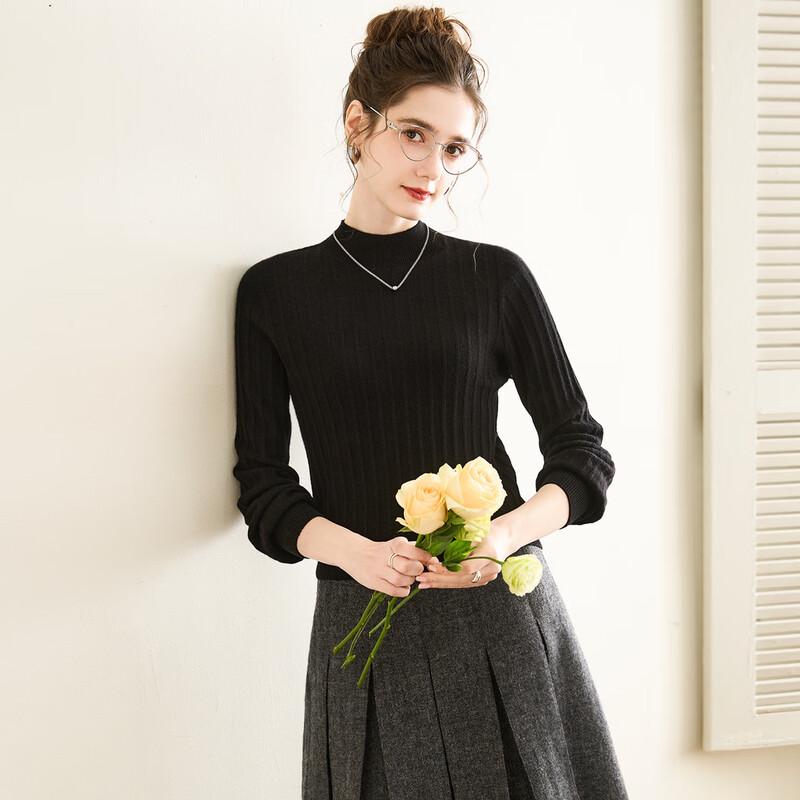 

TUHUANG Женский бесшовный свитер из чистой шерсти в полоску, приталенный, с полувысоким воротником M