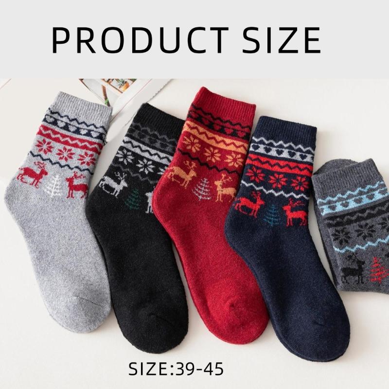 5 Pairs Vintage Ethnic Style Faux Wool Thermal Socks for Men Warm Winter Breathable Hiking Casual Sports Athletic Socks