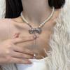 Fashion Elegant Metal Bowknot Tassels Necklace Pearl Beaded Clavicle Chain Choker Necklace Statement Jewelry Neck Chain