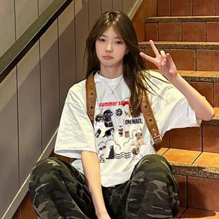 

Teenager Summer Casual Short Sleeve Loose Animal Dog Cat Printed Pullover Oversize Cotton T Shirt Top 3XL