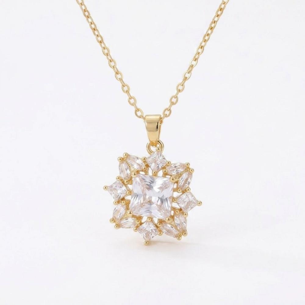 Plant Elegant Female White Zircon Stone Square Flower Pendant Necklace Gold Silver Color Wedding Jewelry For Women