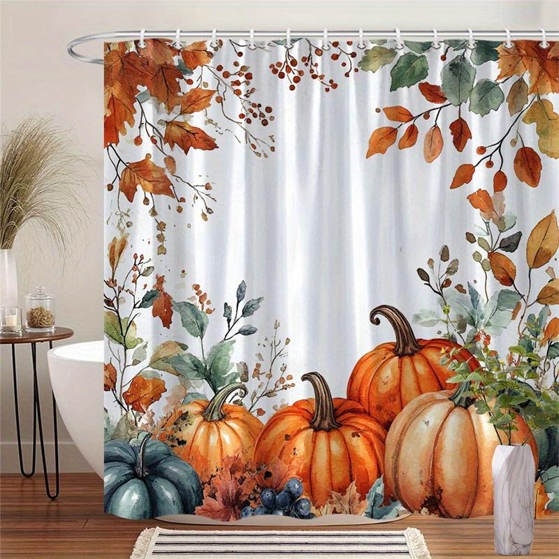 

Autumn Pumpkin Scene Shower Curtain - Watercolor Rustic Design With Red Berries, Colorful Leaves & White Background W60H190(CM)-1 Pcs