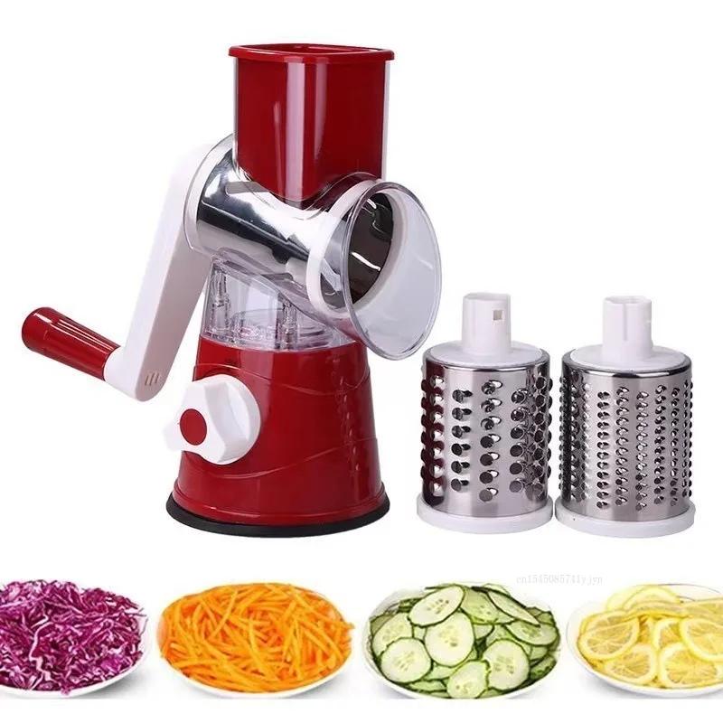 3-in-1 Manual Rotary Vegatable Fruit Slicer Kitchen Cheese Chopper Machine with 3 Sharp Drums Multifunctional Garlic Shredder