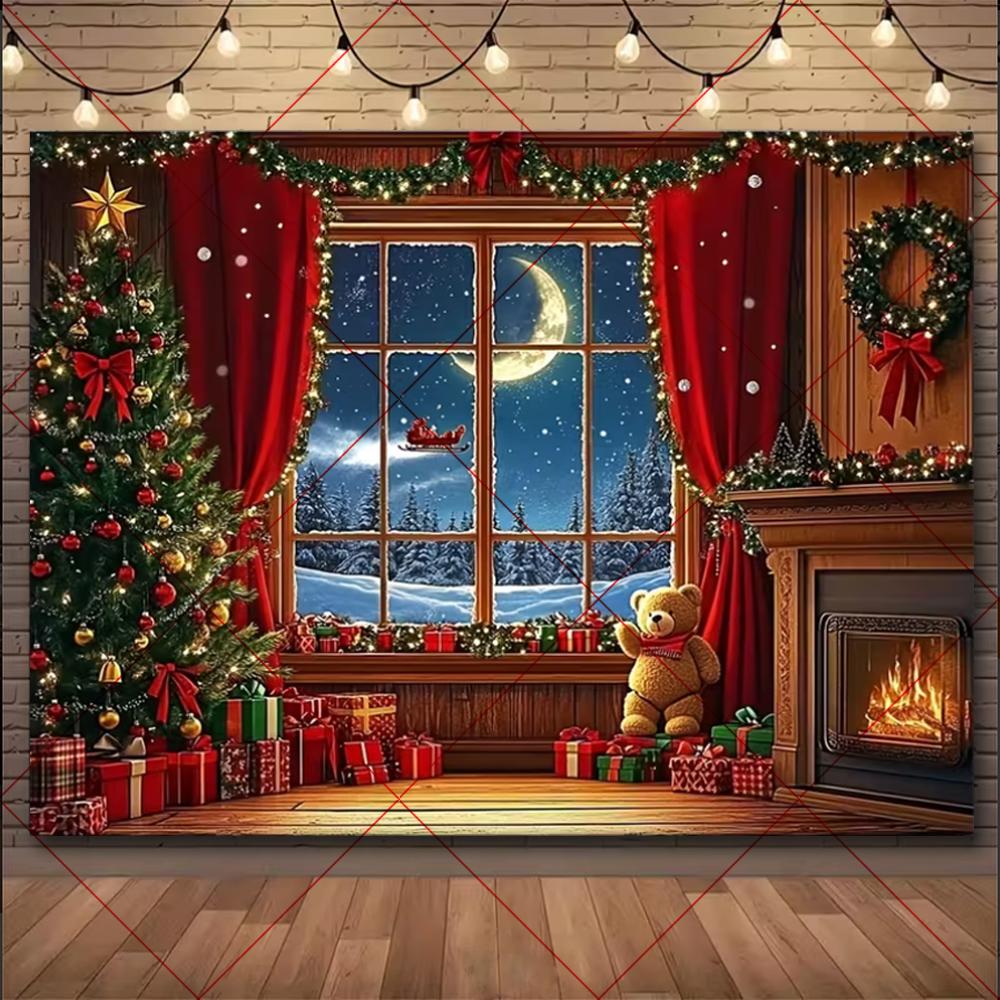 Christmas Winter Background Vintage fireplace Party Decoration Children's Photo Studio Supplies Xmas Tree Lanterns Snowy Scenery