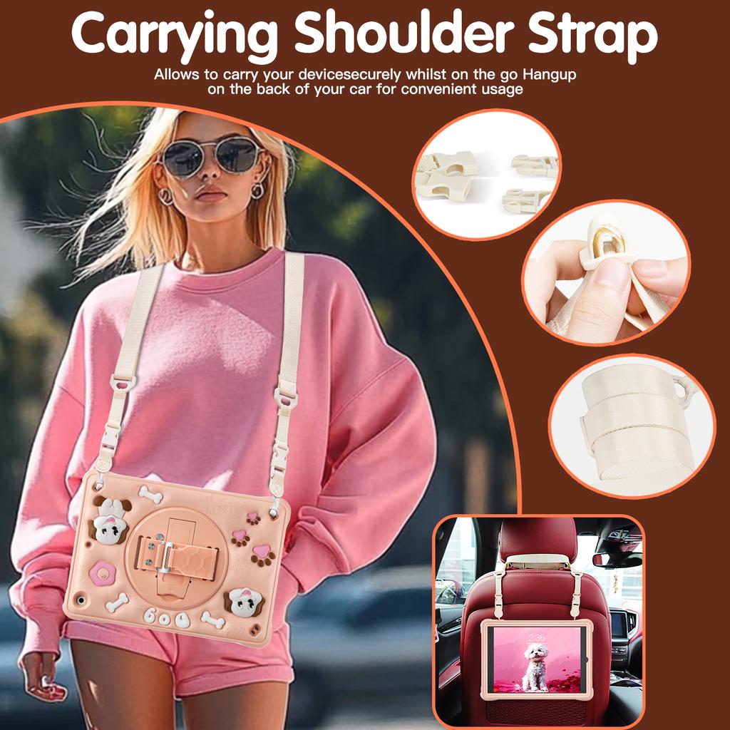 For iPad 10.2 (2021)/(2020)/(2019) Case with Shoulder Strap Kickstand Cute Dog PC+Silicone+TPU Tablet Cover
