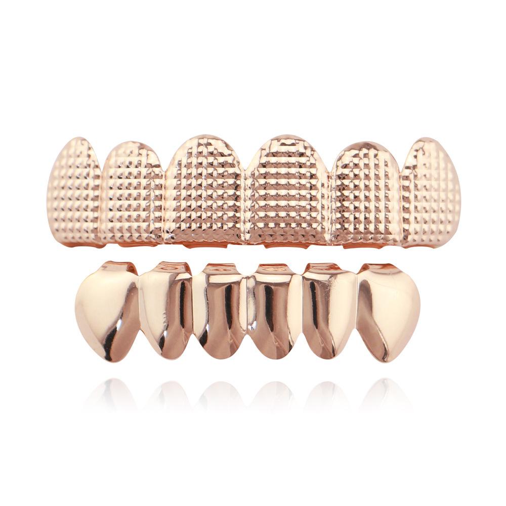 HIOHOP Lattice Pattern 18K Gold Plated Hip Hop Grillz - Top & Bottom Six Teeth Fashion Accessory.