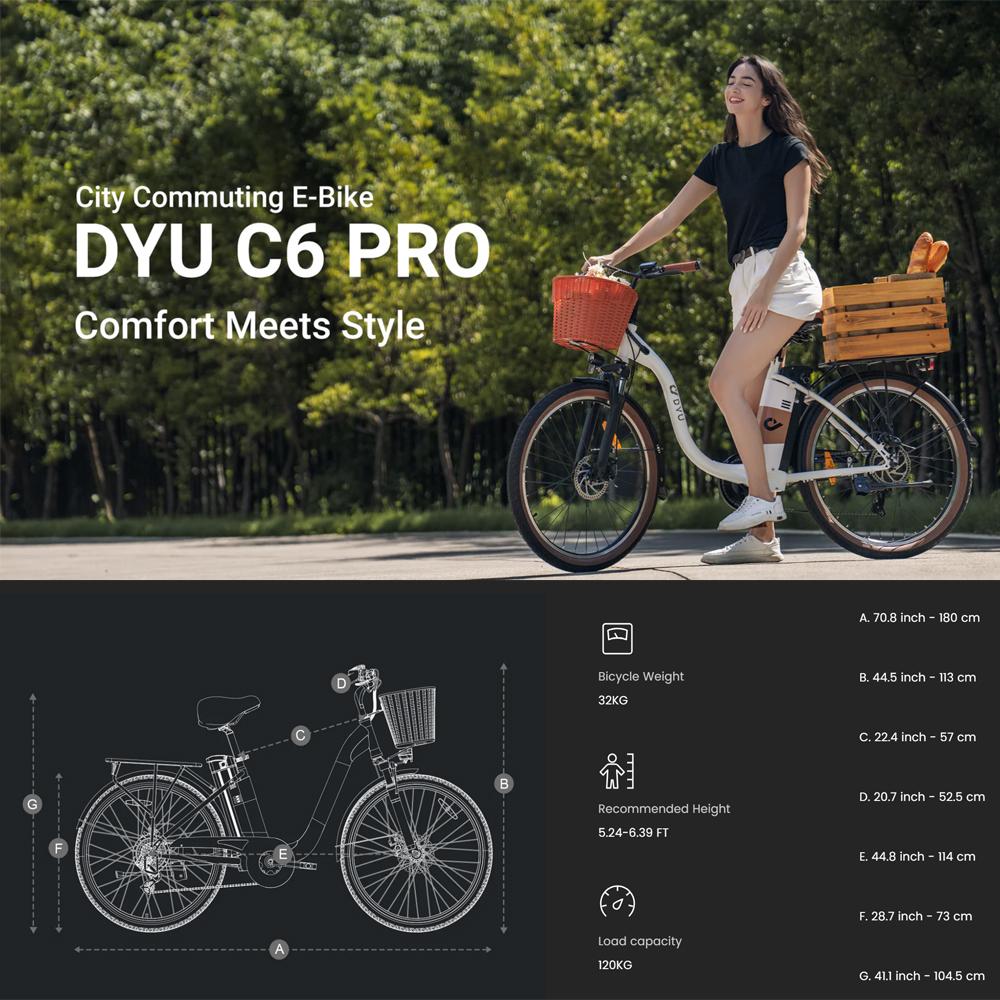 Electric Bike DYU C6 Pro 26" 250W Motor 15.6AH Max Range 80Km Load 120Kg White