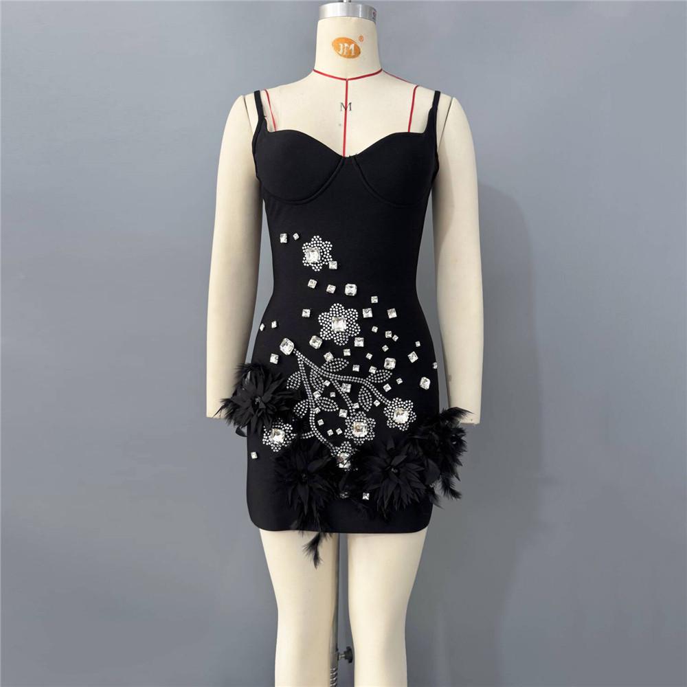 2026 Women's Rhinestone Feather Spaghetti Strap Bandage Mini Dress - Little Black Prom Party Dress