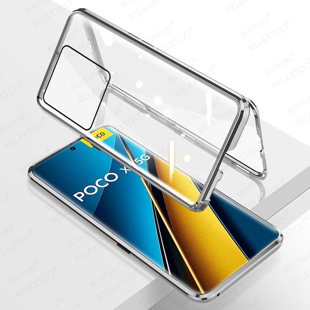 

Магнитный откидной двусторонний защитный чехол на 360° для Xiaomi Poco X6 PocoX6 Pro X 6 6X 5G, чехол спереди + сзади, стеклянный металлический каркас, Fundas For Poco X6 5G серебряный