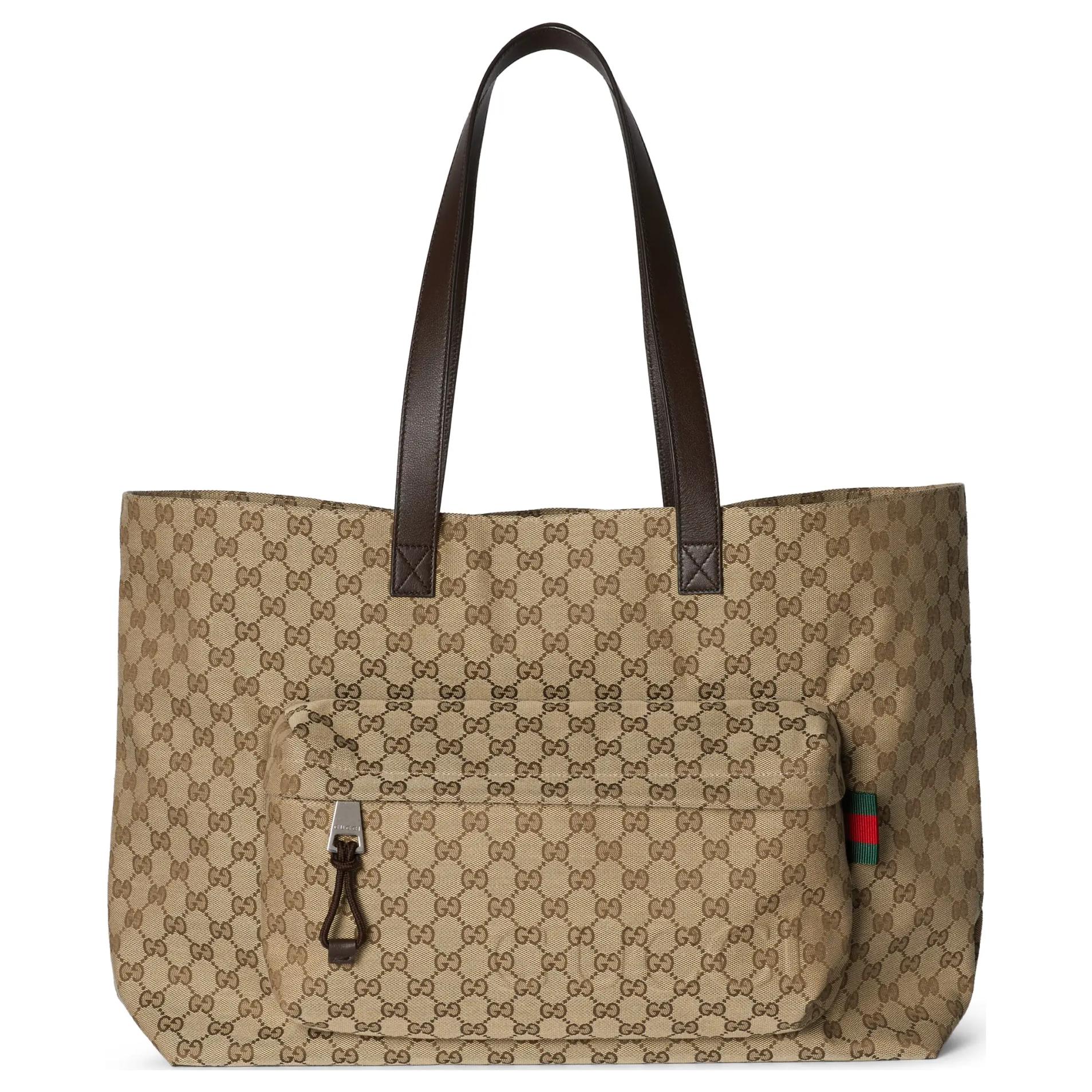 

Gucci GG Supreme Canvas Front Pocket Tote Bag With Web Stripe In Beige For Unisex Daily Use Basic Set (Bag+Dust Bag)