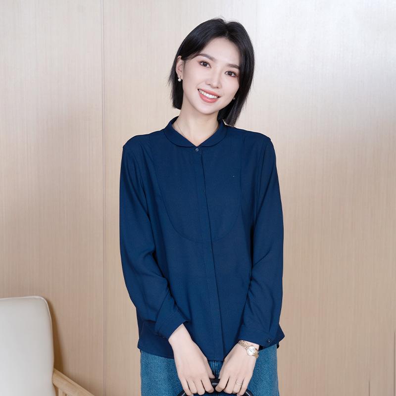 

YUN Korean Style Women s Loose Fit Lapel Shirt - Autumn Short-Sleeve, Solid Color, Breathable Fabric L (105-120 jin) темно-синий