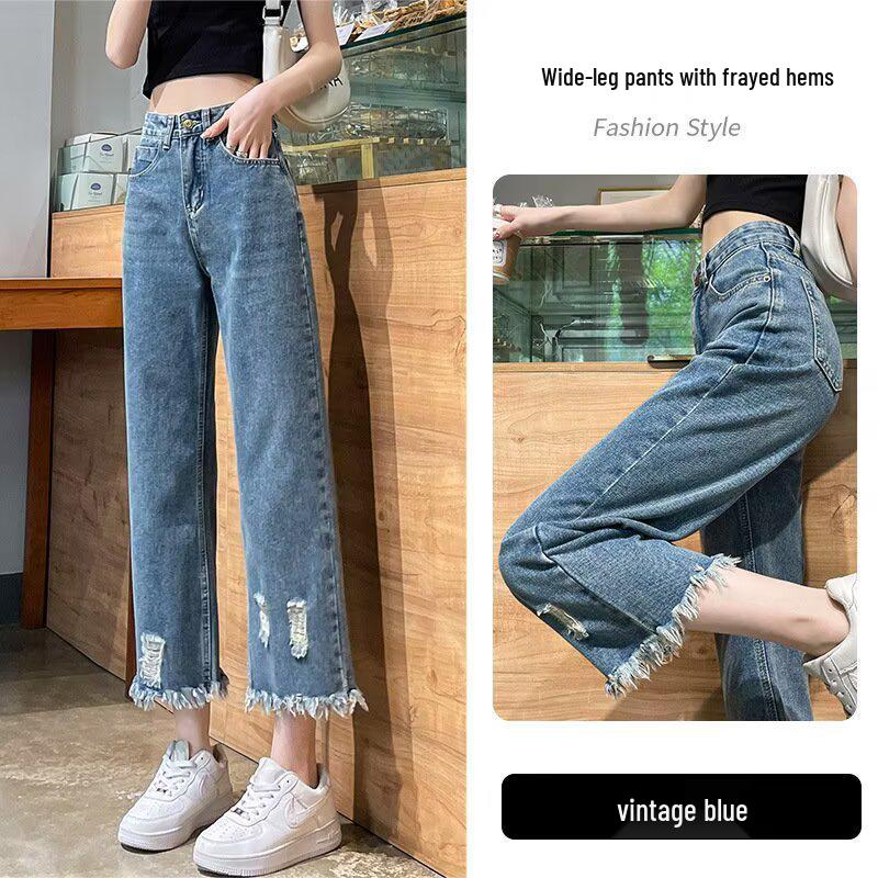 

High-Waist Plus Size Tassel Ripped Straight Leg Jeans for Women - Slimming Versatile Cropped Wide-Leg Pants for Spring/Summer. S темно-синий