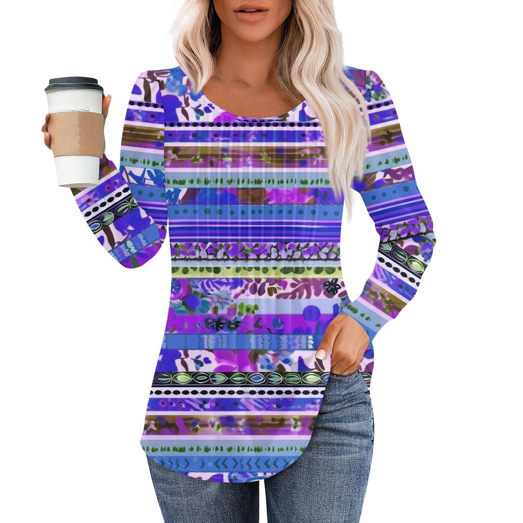 Women's Fashion Casual Pleated Round Neck Vintage Floral Print Long Sleeve T,Shirt Top