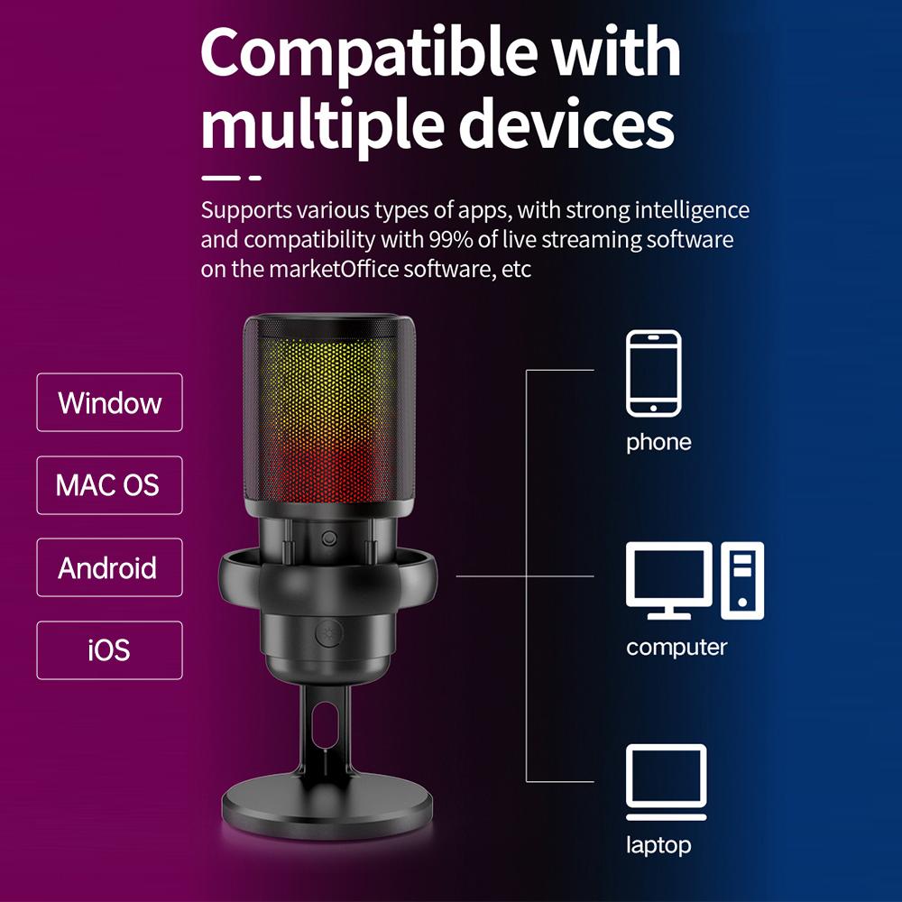 USB RGB Microphone Computer Mic Kit with Tripod Realtime Monitoring Plug & Play One Key to Mute