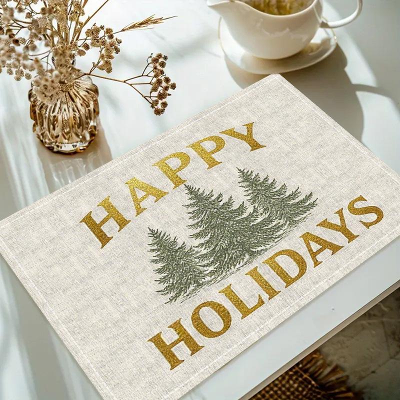 Christmas Linen Placemat Table Coffee Mat Poinsettia Pine Tree Snowflake Cone Merry Christmas Beige Red Green Elegant Decorative